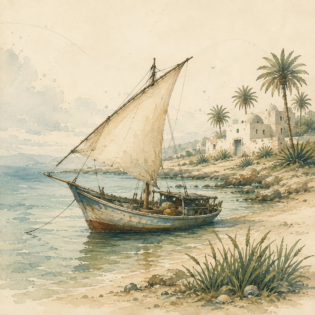Illustration aquarelle évoquant les archives maritimes de Kerkennah