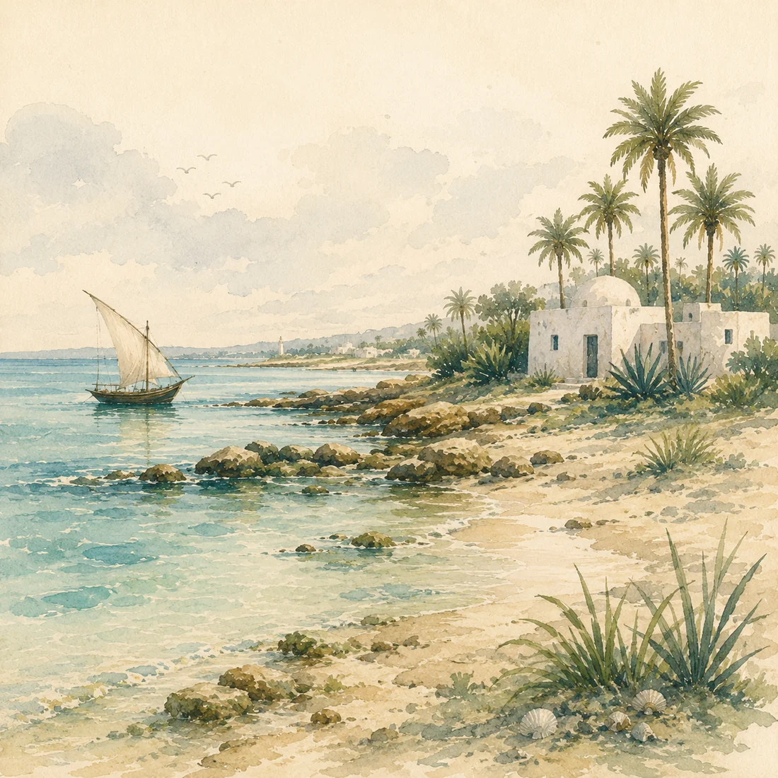 Illustration éditoriale contemporaine d’un paysage de Kerkennah