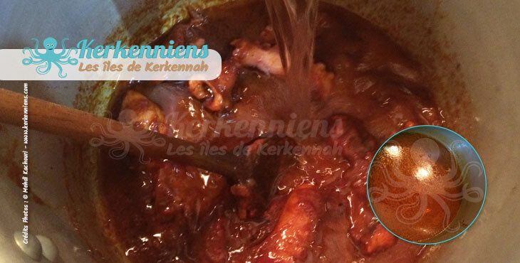 Recette de cuisine penne au poulpe et piments épices poivre noir Felfel Akhel ajout de l'eau