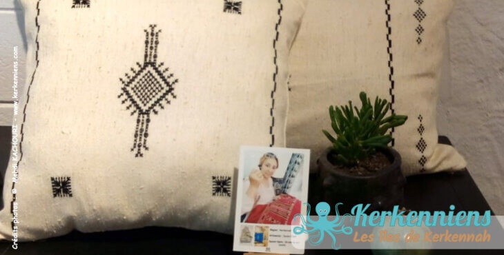 Coussin upcycling Frippe Sonia CHELLY broderie à Ouled Bouali El Maghaza