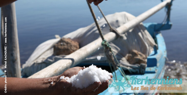 Poignée de sel et felouque (flouka) La saline "Les Diamants De La Mer" à El Abbassia (Kerkennah)