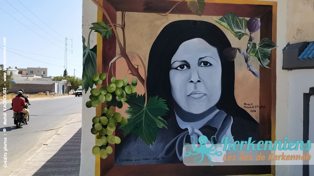 Portrait de Fatouma Namla, Femme activiste, Street Art by Mokhtar Grhab, Kerkennah, Kellabine, 2023