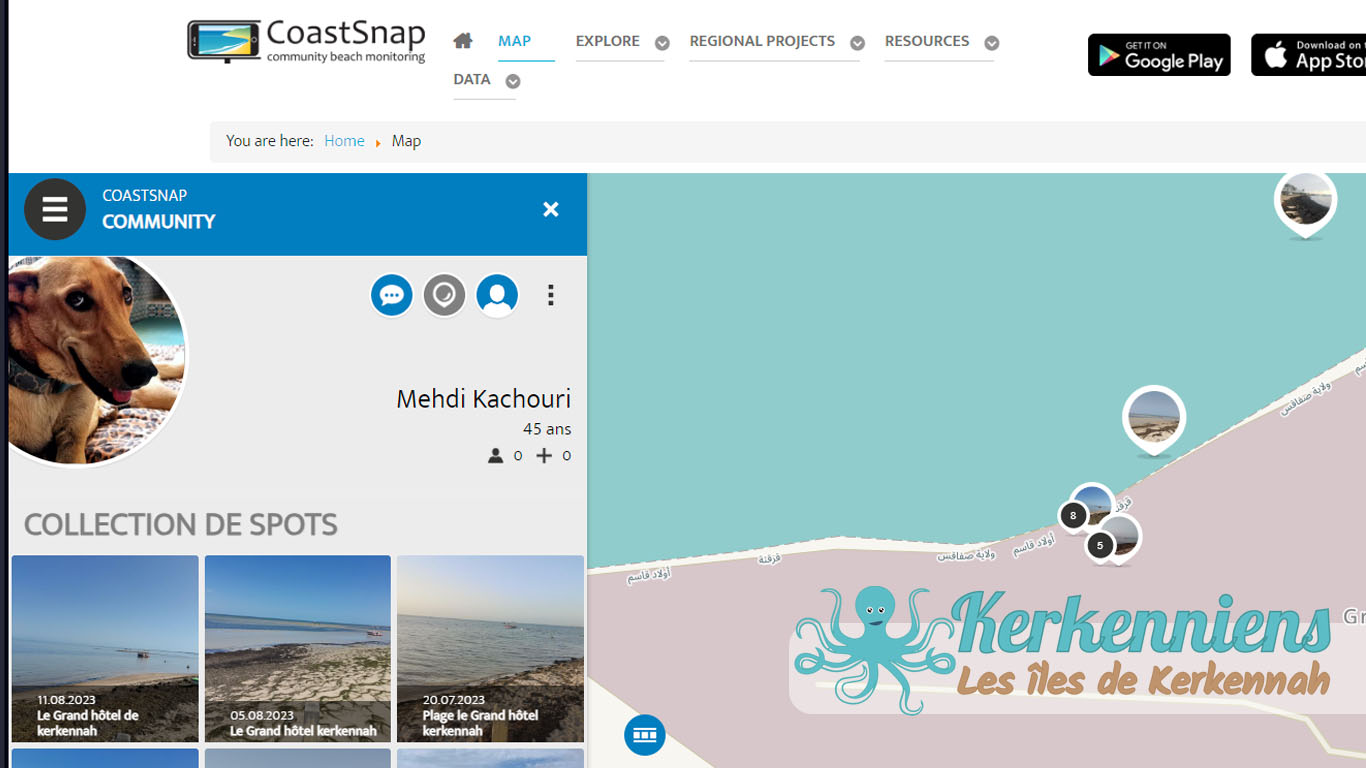 Capture d'écran de l'application CoastSnap : test de l'application sur l'éco-plage du grand Hôtel Kerkennah
