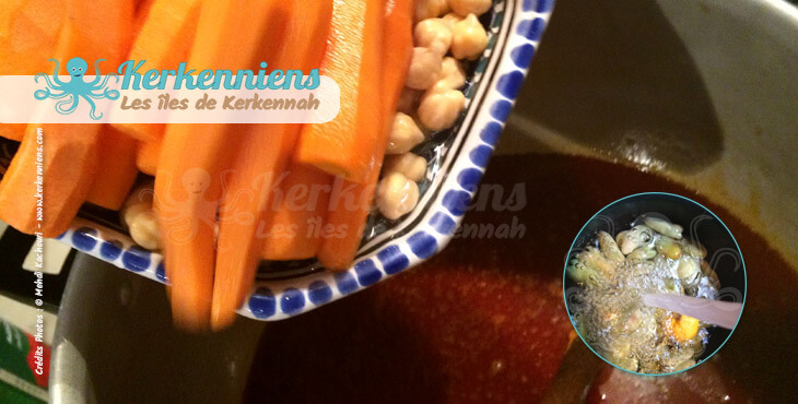 Ajouter les pois chiches et carottes couscous aux calmars farcis (Kosksi bel mattik mehchi)